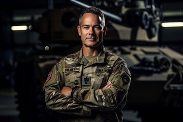 Canvas Print - Portrait of a mature soldier standing with arms crossed in a military hangar