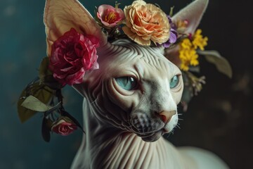Aufkleber - Close up of a cat wearing flowers on its head. Perfect for animal lovers and pet-themed designs
