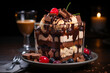 Vanilla ice cream with brownies and chocolate in glass on wooden table.