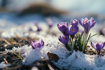 Poster - A group of purple crocus flowers emerging from the snow. Perfect for winter landscapes or springtime themes