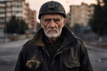 Wall Mural - Portrait of an old homeless man with a gray beard and a helmet on his head.