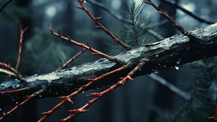 Poster - A detailed close-up of a tree branch, showing needles drooping and detaching.