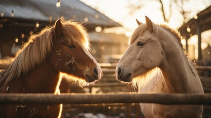 Poster - A whimsical scene of horses playfully interacting with each other across their stable partitions.