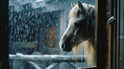Poster - A depiction of a horse looking out from its stable, watching the snowfall outside.