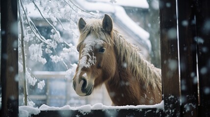 Poster - A depiction of a horse looking out from its stable, watching the snowfall outside.