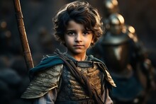 Portrait Of A Little Boy Dressed As A Medieval Knight With A Spear