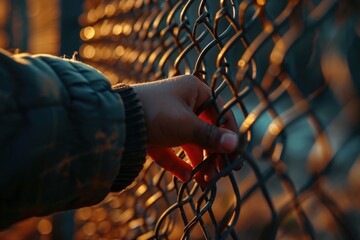 Poster - A person's hand is touching a chain link fence. This image can be used to depict concepts such as restriction, security, or confinement