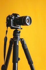 Poster - A camera mounted on a tripod, ready for capturing stable and professional photographs. Suitable for various photography projects