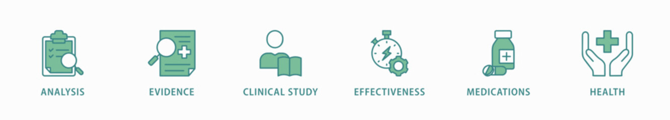 Clinical research banner web icon vector illustration concept with icon of analysis, evidence, clinical study, effectiveness, medications and health