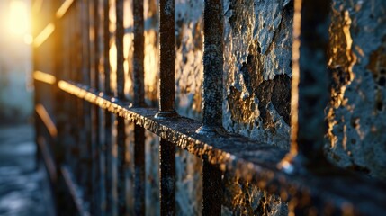 Aufkleber - A close up of a metal fence with the sun shining behind it. Perfect for adding a touch of elegance and warmth to any design