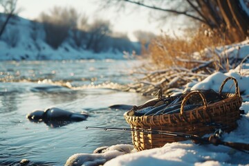 Poster - A wicker basket sitting on the side of a river. Perfect for picnics and outdoor adventures