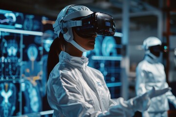 Poster - A woman wearing a lab coat is immersed in a virtual reality experience using a headset. This image can be used to depict scientific research, technology, or innovation