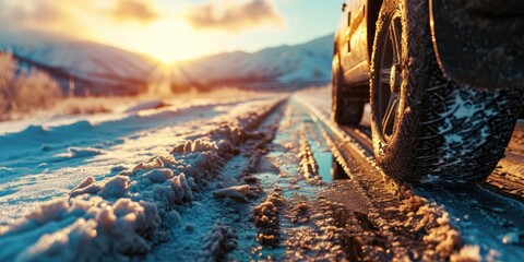 Sticker - A detailed shot of a tire on a snowy road. Perfect for winter driving safety articles and car maintenance blogs