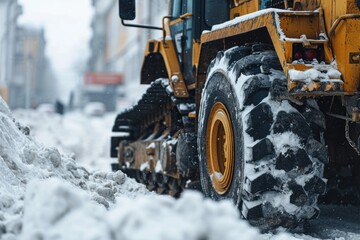 Aufkleber - A large yellow bulldozer driving down a snow covered street. Suitable for construction or winter themed designs