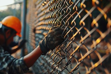 Poster - A man wearing a hard hat is leaning on a chain link fence