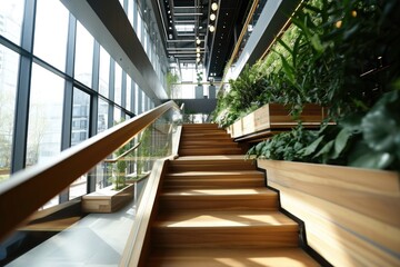 Poster - Wooden stairs in a building. Perfect for architectural projects and interior design concepts