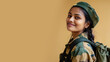 Indian woman in Paramilitary Forces uniform isolated on pastel background