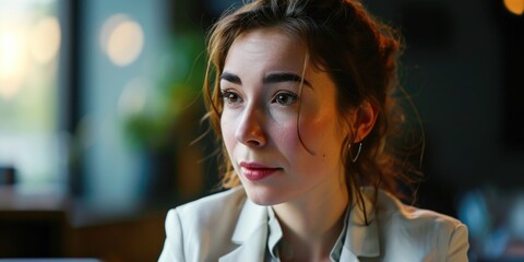 Aufkleber - A woman sitting at a table with a cell phone in her hand. This image can be used to depict modern communication or technology