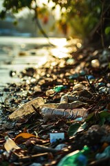 Poster - A picture of a beach with a significant amount of trash scattered around. Suitable for environmental awareness campaigns