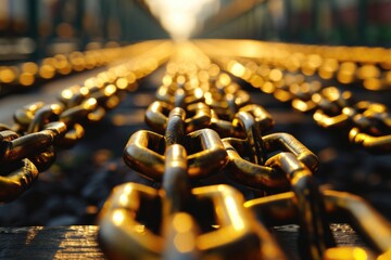 Poster - A detailed view of multiple chains tightly secured on a rail. Can be used to depict security, strength, or confinement.