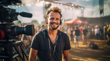 Videographer Working At Music Festival, Filming Bright Performances Of Artists