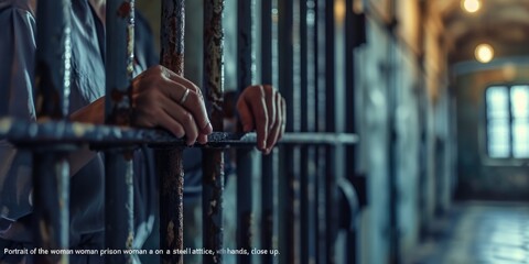 Poster - A person standing behind bars in a jail cell. Suitable for crime and punishment concepts