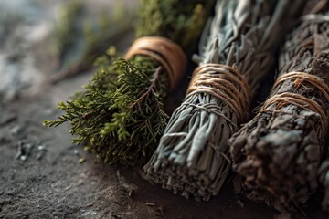 Poster - A collection of sage sticks and a bundle of pine needles. Perfect for aromatherapy, home decor, and spiritual practices