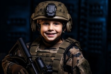 Poster - Portrait of a cute little boy dressed as an American soldier with a gun