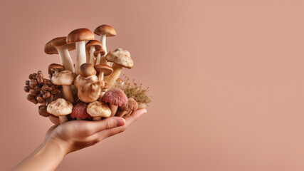 Sticker - Hand holding mushroom vegetable isolated on pastel background