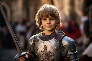 Sticker - Little boy in medieval armor with a sword on the background of the ancient city