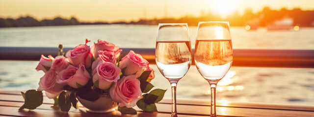 two glasses of pink wine and a bouquet of roses on a wooden surface, blue ocean in the background.