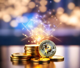 Fototapeta Do przedpokoju - 3d etherium with metallic gold color and glitter bokeh blur background. crypto currency illustration suitable for web. news and social media posts