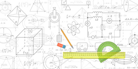 Wall Mural - school background. formulas and drawings. scientific research. physics and mathematics .vector illus