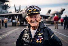A Pilot Poses In The USS Midway In San Diego, California. The USS Midway Is A World War II Aircraft Carrier.
