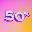 White fifty percent or 50 % with purple outline isolated over pink and yellow background. 3D rendering.