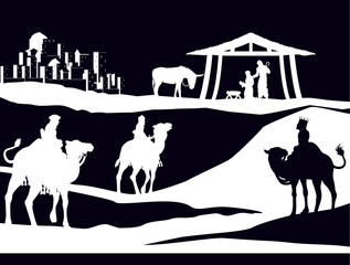Wall Mural - A Christmas nativity scene with baby Jesus in the manger, wise men and city of Bethlehem in the background