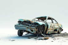 A Very Damaged And Wrecked Car, Abandoned And Deformed By Accident And Disaster, Dirty And Grungy, Very Old And Classic With Rusty Rustic Material, Isolated On White Background, AI Generated.