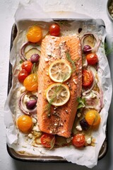 Wall Mural - oven baked greek salmon on a plate