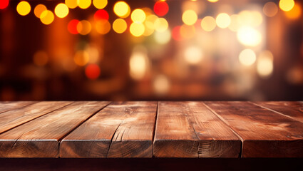 Wall Mural - Old wooden table in dark blurred bar background. Copy space