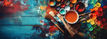 A Vivid Display Of Spilled Artist Palette Oil Paints And  Brushes Arranged On Blue Wooden Boards Capturing The Essence Of Artistic Chaos, Stock Illustration Image