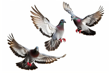 group of pigeons flying isolated on white background