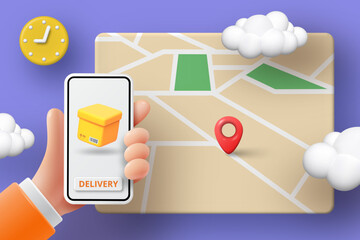 Aufkleber - 3D map. Car delivery. Phone application. Food order. Truck shipping. Smartphone in hand. Search route. Express shipment. GPS navigation. Location render pin. Vector cartoon illustration