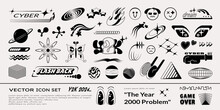Y2K Elements. Retro Anime Logo, Streetwear Or Rave Shapes And Space Black Isolated Elements, Acid Techno Fire. Funny Smile Emoji Characters, Abstract Tattoo, Vintage Stars. Vector Set
