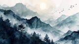 Fototapeta Fototapety z naturą - A watercolor landscape of serene mountains, inspired by the Chinese style of classical traditional ink painting.