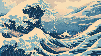 Wall Mural - A vintage style japanese crashing wave background. Seamless pattern