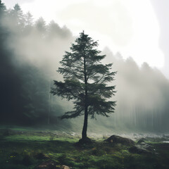 A lone tree in the middle of a foggy forest.