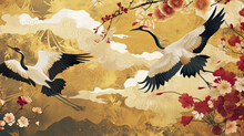 Luxury Gold Oriental Style Background. Chinese And Japanese Wallpaper Pattern Design Of Elegant Crane Birds, Cloud With Watercolor Texture. Design Illustration For Decoration, Wall Decor.