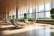 Innovative airport lounge with empty display, floor reflections, wooden floor, plants, benches, window, and daylight. 3D rendering. Generative AI