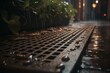 Metal grating, gutters, and paving installed for rainwater drainage with selective focus. Generative AI