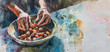 Illustration of hands taking dates from a bowl, vibrant watercolors.